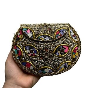 RAMLA Rio Mosaic Handmade in Morocco Gold Multi Studded Clutch Shoulder Bag